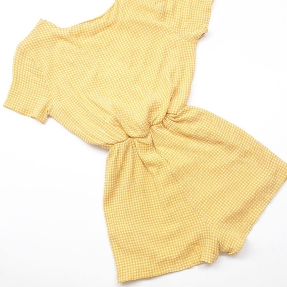 Everly mustard yellow/white checkered print tie front romper - Picture 2 of 5